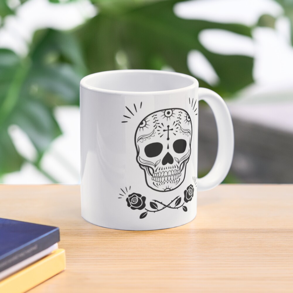 Sugar Skull With Flowers Art • White Mug
