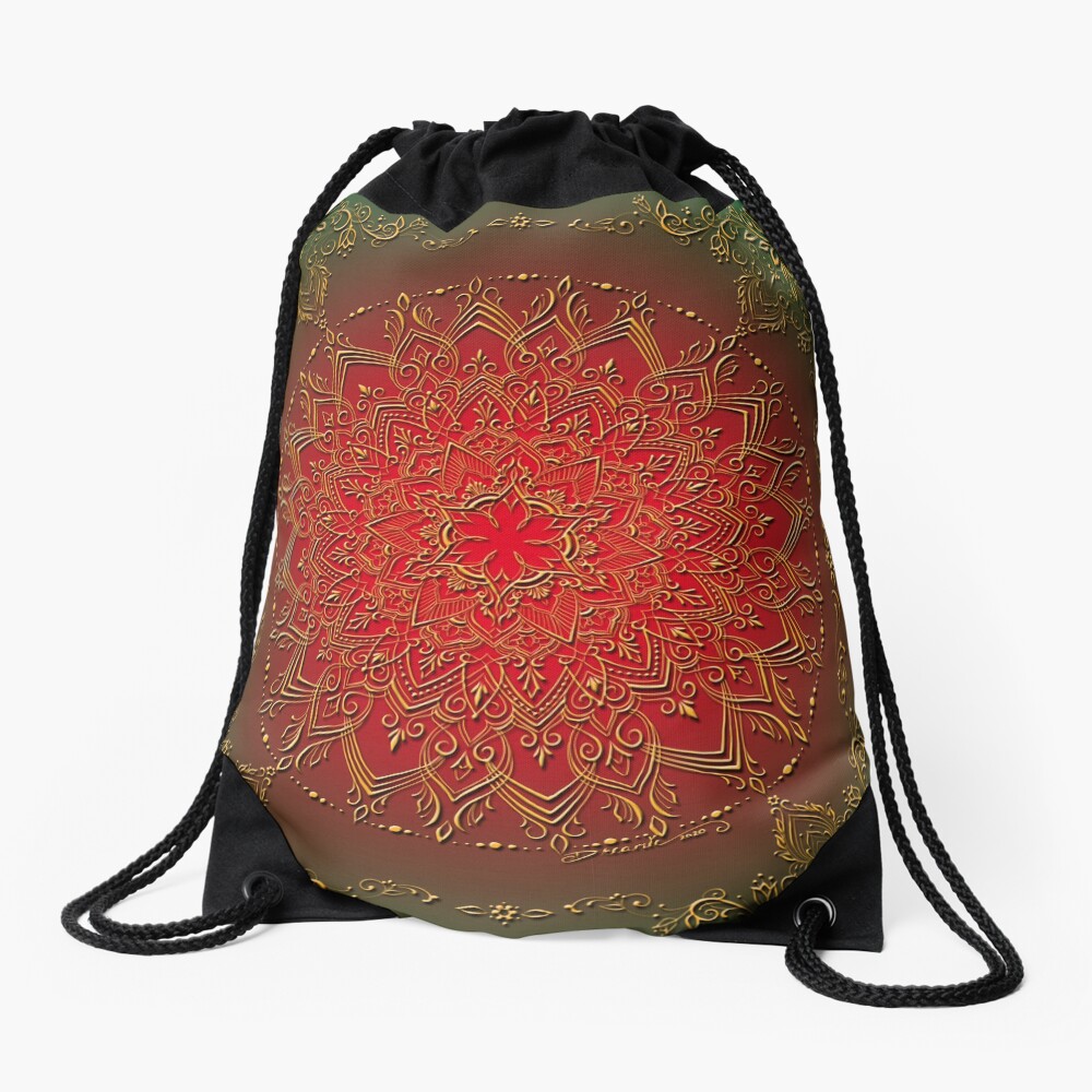 Dreamie's Mandala in Reds and Greens Drawstring Bag