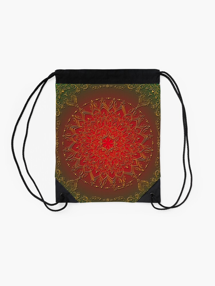 Alternate view of Dreamie's Mandala in Reds and Greens Drawstring Bag