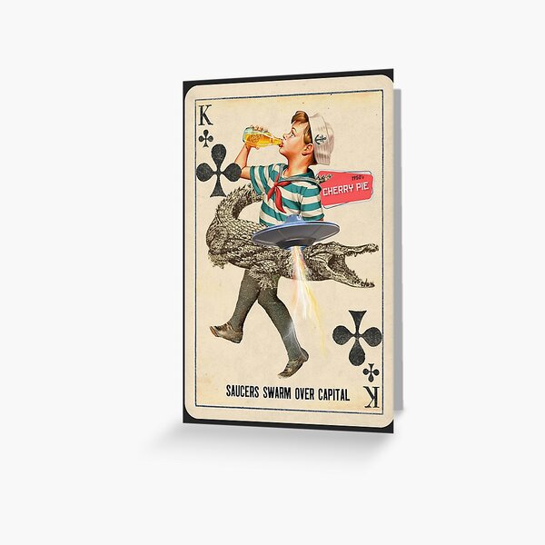 Fifties Playing Card Drinking Boy Alligator UFO Greeting Card