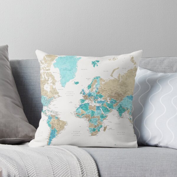 Item preview, Watercolor world map with cities, aquamarine, cream, brown designed and sold by blursbyai.