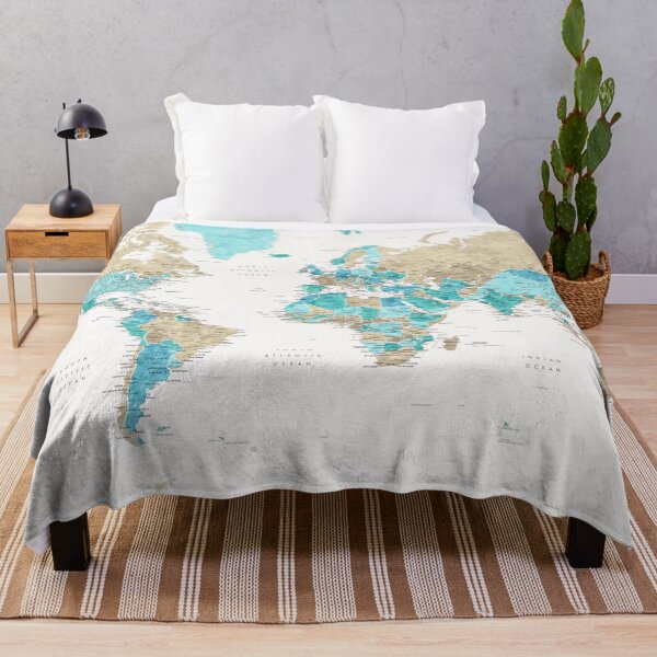 Item preview, Watercolor world map with cities, aquamarine, cream, brown designed and sold by blursbyai.
