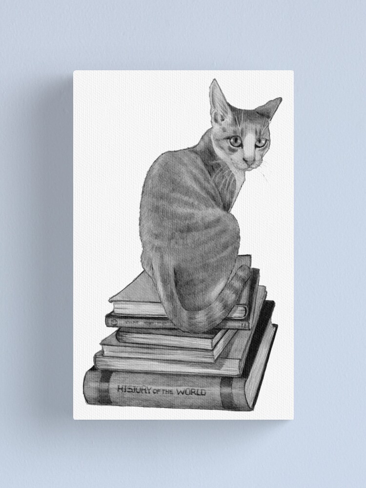 Impression Sur Toile Chat Assis Sur Une Pile De Livres Dessin Au Crayon Animal Lecture Realisme Par Joyce Redbubble