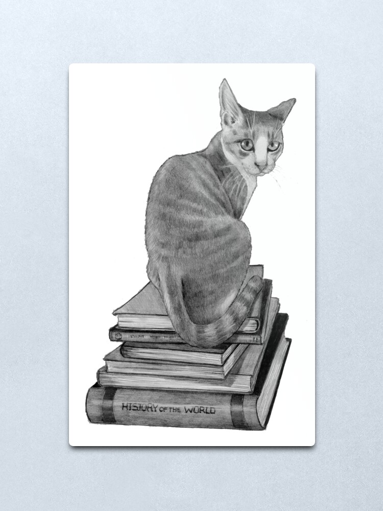 Katze Sitzt Auf Stapel Bucher Bleistiftzeichnung Tier Lesen Realismus Metallbild Von Joyce Redbubble