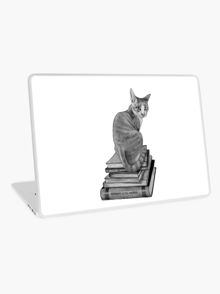 Skin Adhesive D Ordinateur Chat Assis Sur Une Pile De Livres Dessin Au Crayon Animal Lecture Realisme Par Joyce Redbubble