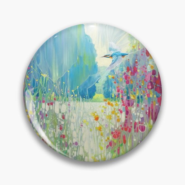 Item preview, The King of the River , painting of a kingfisher flying along a riverbank of wild flowers designed and sold by Gill Bustamante.