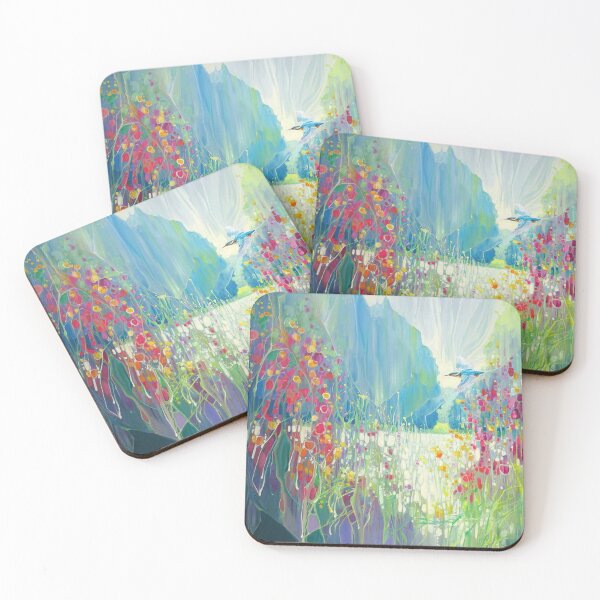 Item preview, The King of the River , painting of a kingfisher flying along a riverbank of wild flowers designed and sold by Gill Bustamante.