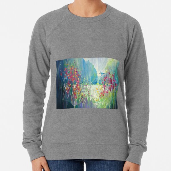 The King of the River , painting of a kingfisher flying along a riverbank of wild flowers Lightweight Sweatshirt