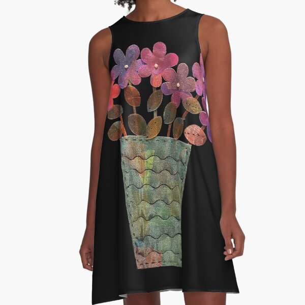 Purple Shimmer Flowers in Vase A-Line Dress