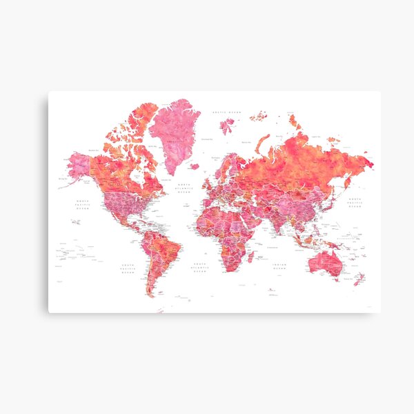 Item preview, Hot pink watercolor world map with cities designed and sold by blursbyai.