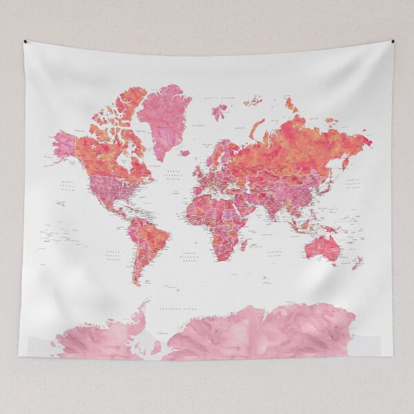 Item preview, Hot pink watercolor world map with cities designed and sold by blursbyai.