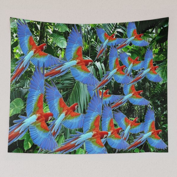 Item preview, FLYING RED-BLUE MACAWS IN JUNGLE designed and sold by sharlesart.