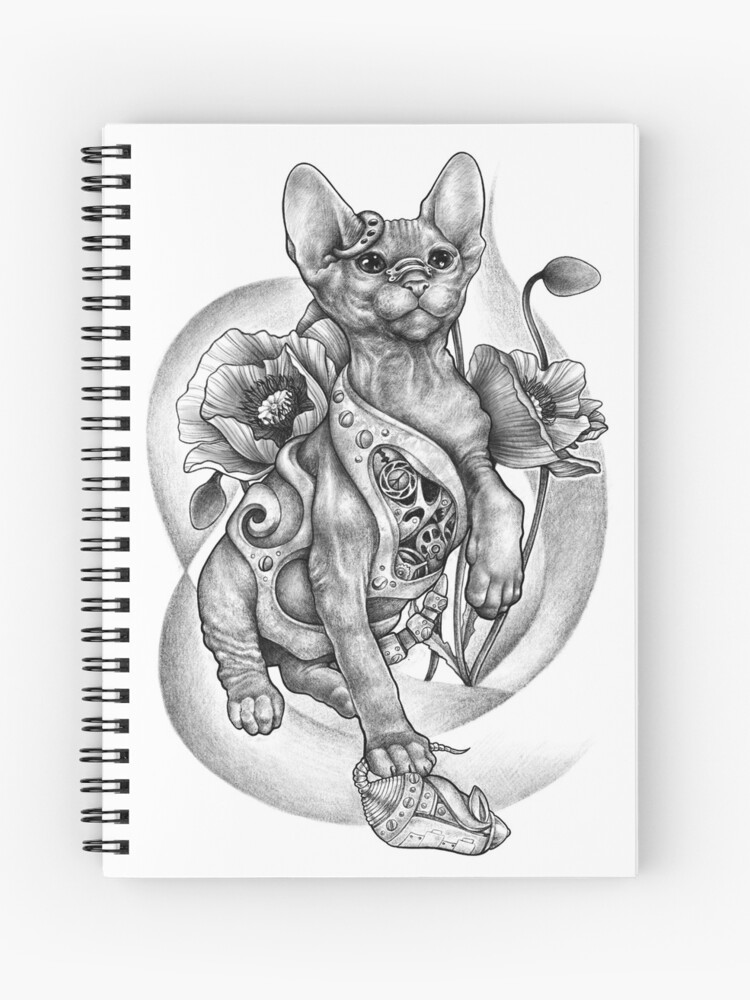 Cahier A Spirale Transparent Chat Tatouage Steampunk Biomecanique Vintage Par Rishama Redbubble