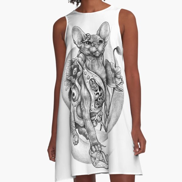 Rishama Steampunk Tattoo Katze Katzchen Biomechanik Mechanik Vintage A Linien Kleid Von Rishama Redbubble