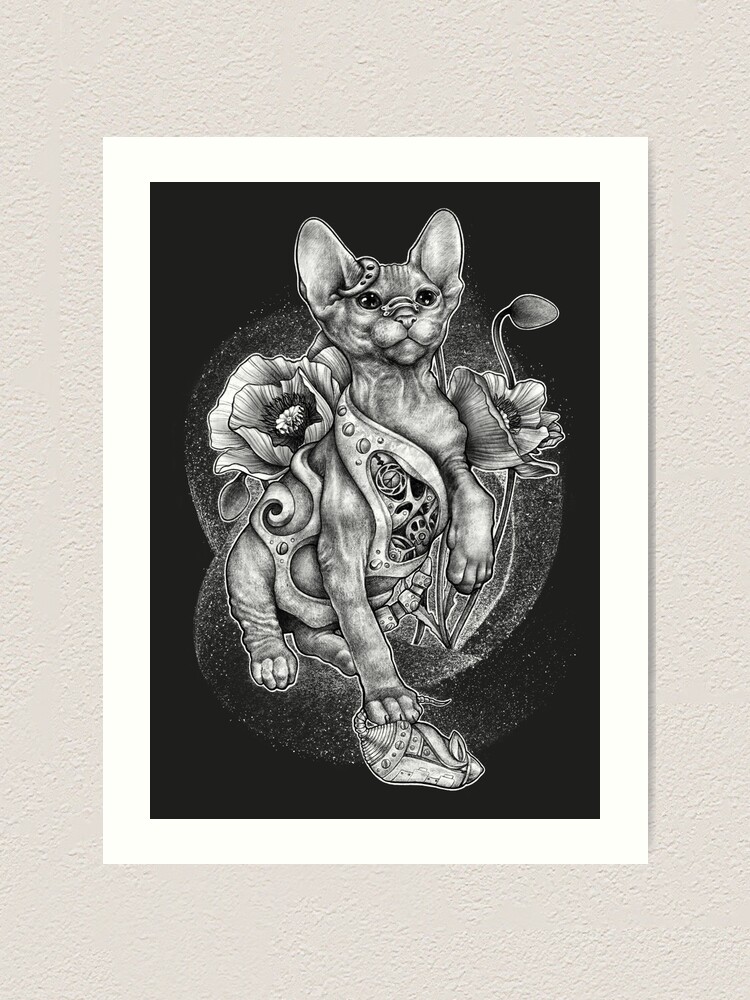 Impression Artistique Rishama Steampunk Tatouage Chat Chaton Biomecanique Mecanique Vintage Par Rishama Redbubble