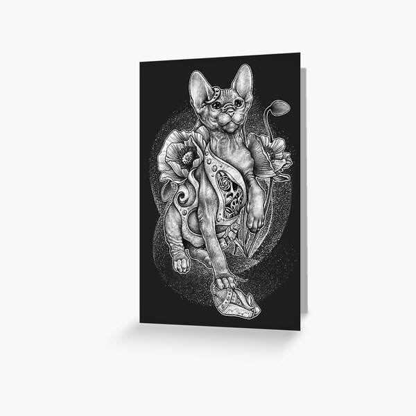 RISHAMA steampunk tattoo cat kitten biomechanics mechanics vintage Greeting Card