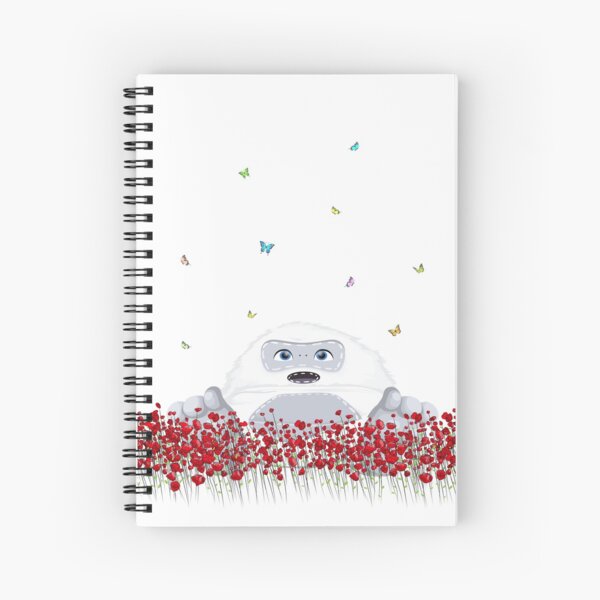 Spring Design - Kawaii Little Yeti in flower field blossom & colorful butterflies Spiral Notebook