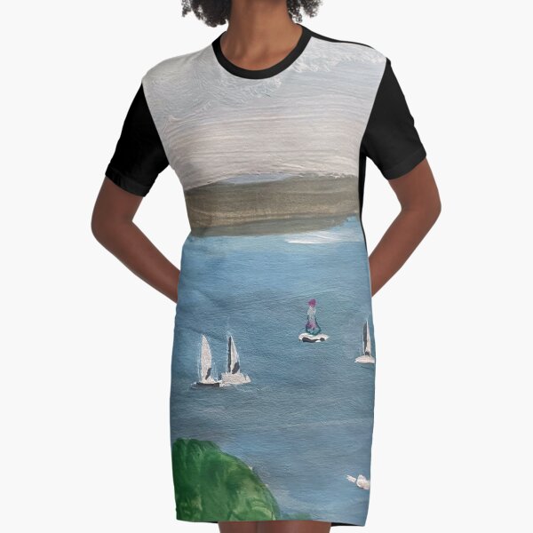 Sailing Boats on a Calm Sea at Shanklin Isle of Wight Graphic T-Shirt Dress