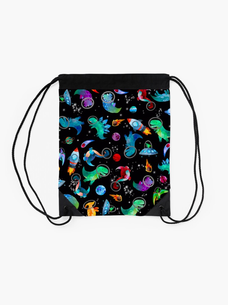 Alternate view of Watercolor Space Dinosaurs Galaxy Pattern Drawstring Bag
