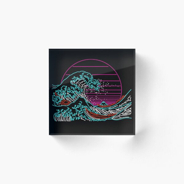 Great Neon Wave - Great Wave Off Kanagawa - Vintage - Retrowave - 80s Acrylic Block
