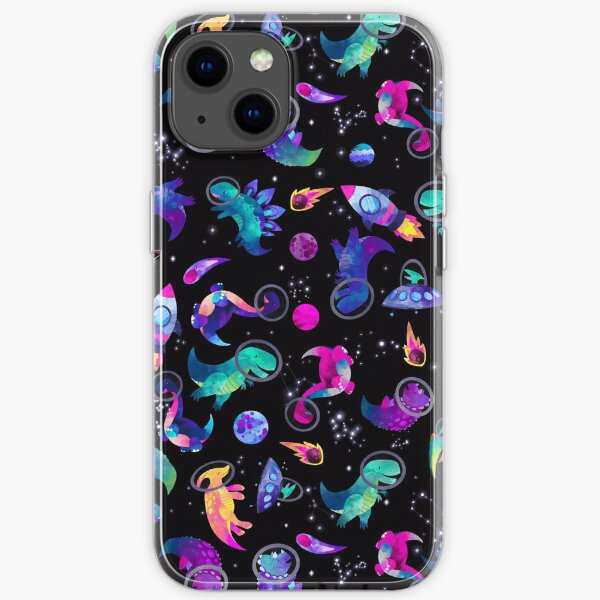 Space Dinosaur Astronauts Watercolor Pink Purple Pattern iPhone Soft Case