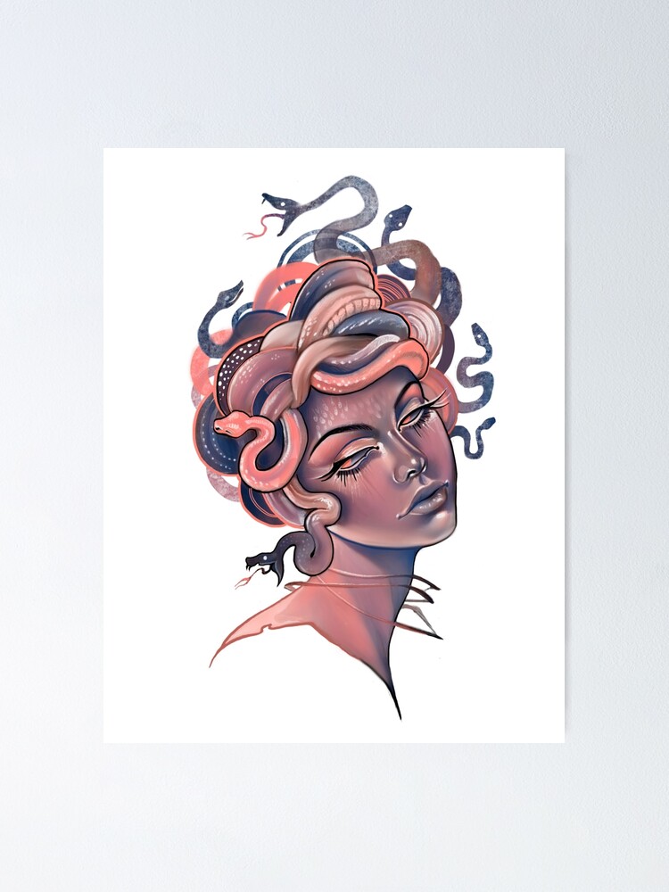 Thumbnail 2 of 3, Poster, Coral and blue Medusa portrait designed and sold by saraknid.