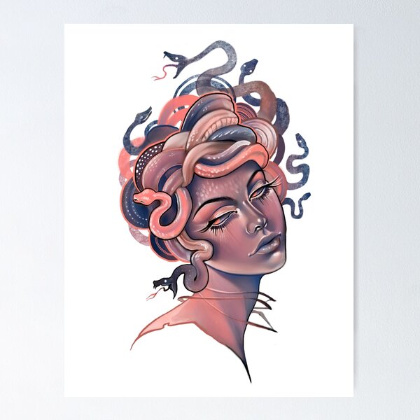 Coral and blue Medusa portrait Poster