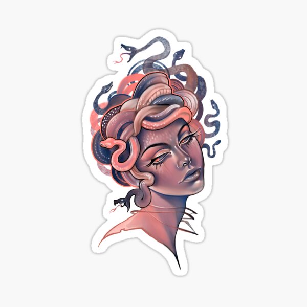 Coral and blue Medusa portrait Sticker