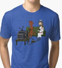 Jesus And Devil Playing Video Games Pixel Art Tri-blend T-Shirt
