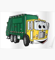 Green Gold Smiling Garbage Truck Cartoon Poster