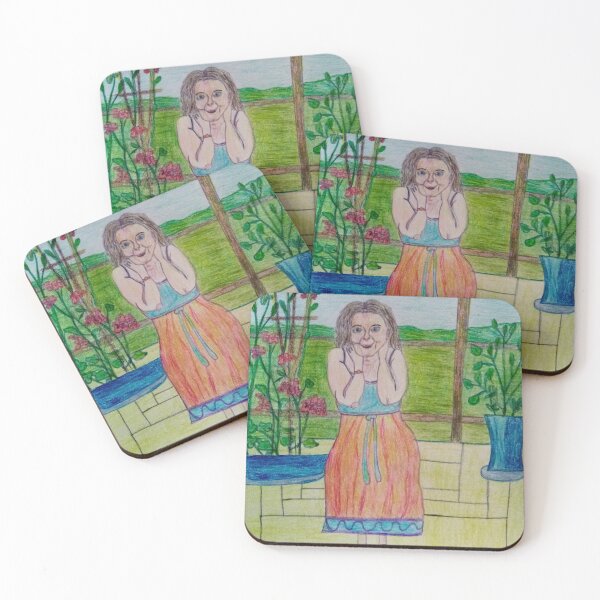 Item preview, Woman in balcony with plants in pots. Landscape, coloured pencils, figure of woman. Garden. designed and sold by MartaTerkiewicz.