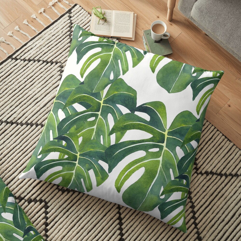 Monstera deliciosa Watercolor Painting Background Pattern Floor Pillow