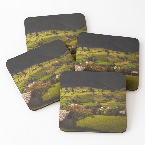 Item preview, Panorama view of a mountain village at sunset. Household with meadows and farmland designed and sold by Alex2789.