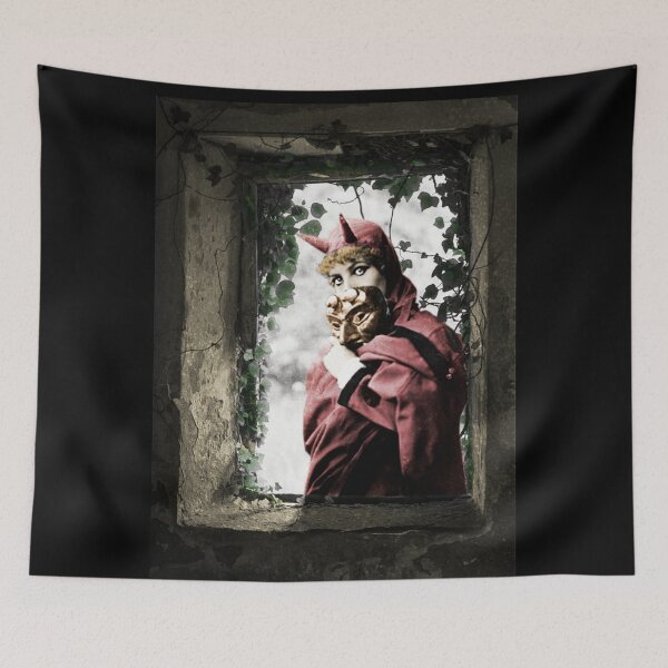 Item preview, Red Cloaked Devil in an Old Window with Mask designed and sold by KALEIDOSCOPE UK.