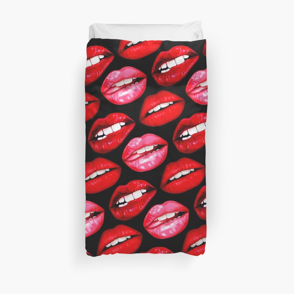 Lips Pattern - Black Duvet Cover