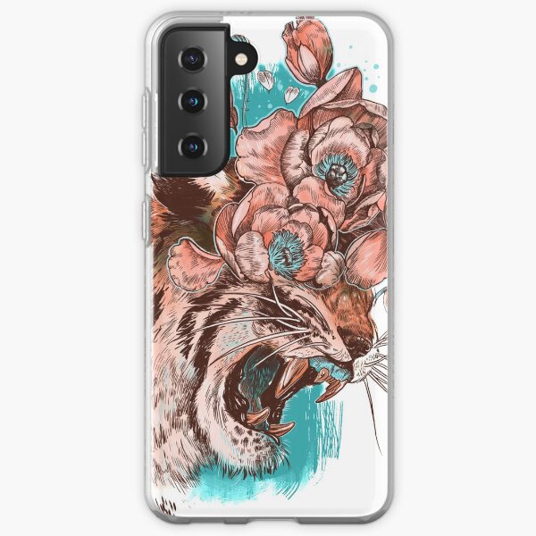Pink coral tiger growling with peonies on a turquoise background Samsung Galaxy Soft Case
