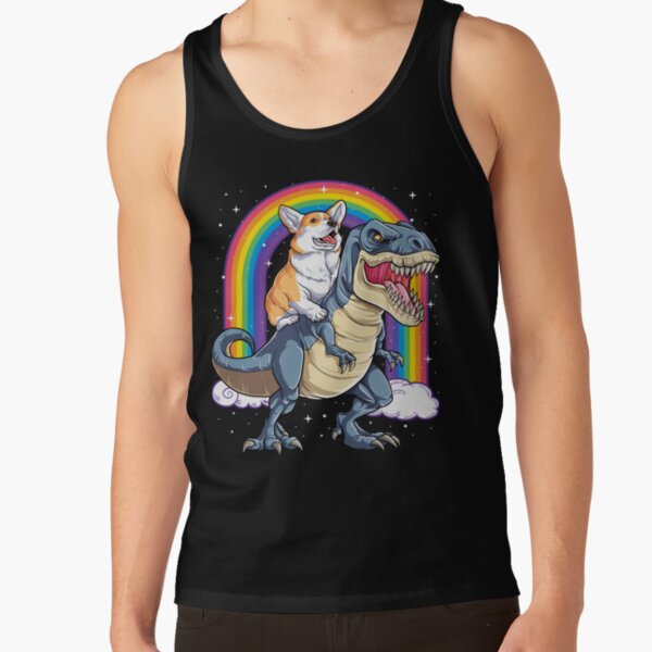 Corgi Riding Dinosaur T rex Shirt Funny Rainbow Dog Tank Top