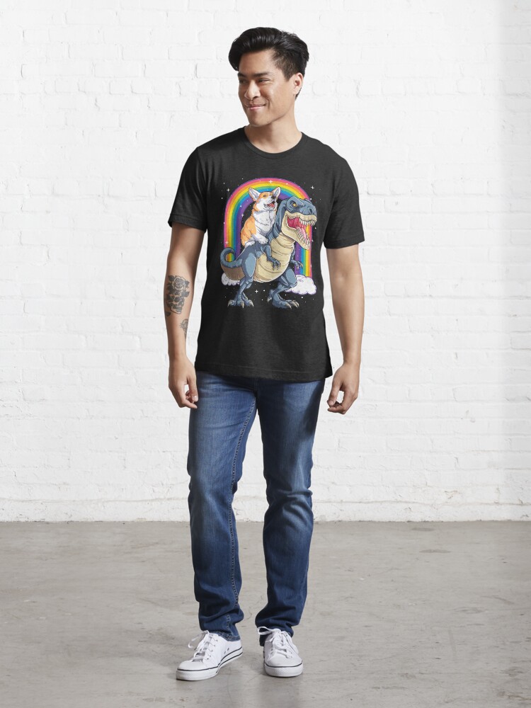 Alternate view of Corgi Riding Dinosaur T rex Shirt Funny Rainbow Dog Essential T-Shirt