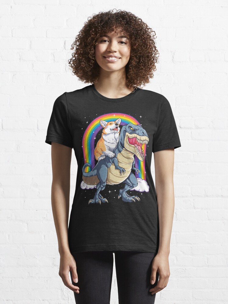 Alternate view of Corgi Riding Dinosaur T rex Shirt Funny Rainbow Dog Essential T-Shirt