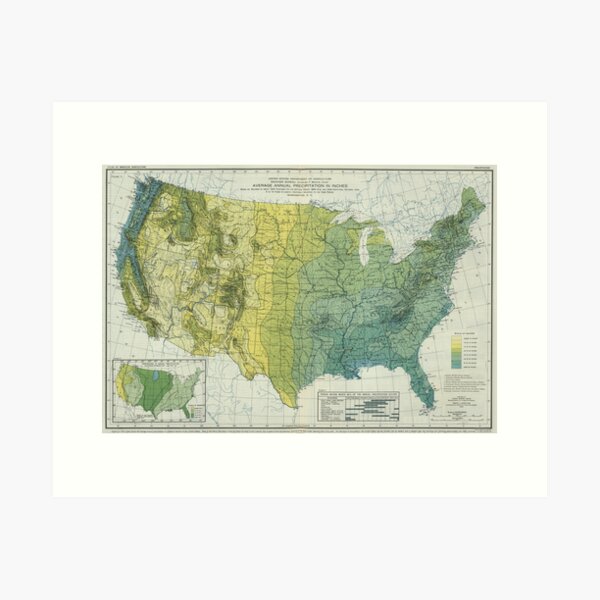 Item preview, Vintage United States Precipitation Map (1916) designed and sold by BravuraMedia.