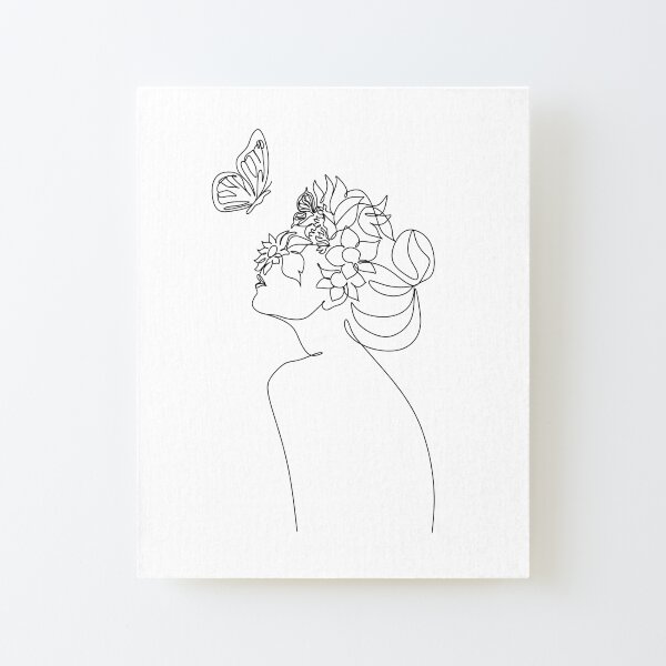 Line Art Frau mit Blumen und Schmetterling | Kopf der Blumen Kunstdruck | Flower Woman Line Art | Frau Wandkunst | Minimale Strichzeichnung Frau Aufgezogener Druck auf Leinwandkarton