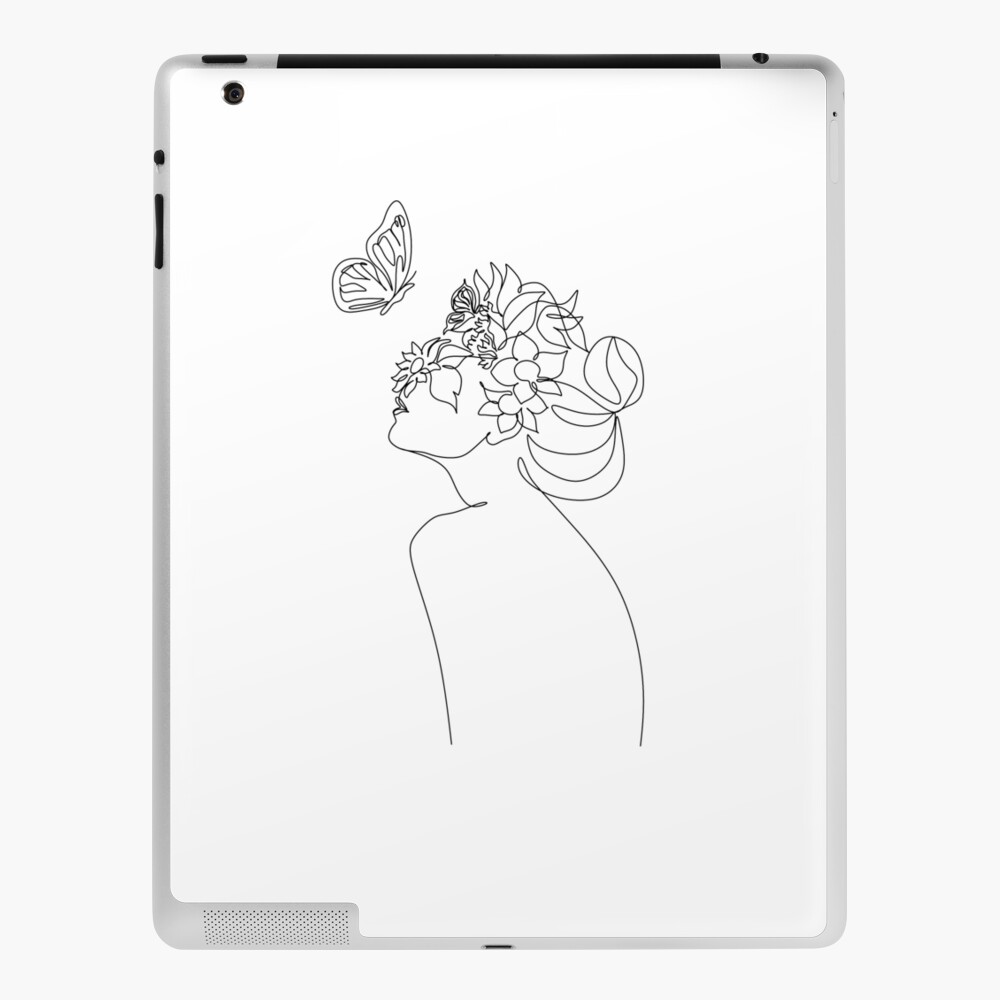 Line Art Woman With Flowers And Butterfly Head Of Flowers Art Print Flower Woman Line Art 