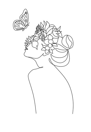 Download "Line Art Woman With Flowers and butterfly | Head Of ...