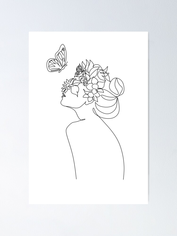 "Line Art Frau mit Blumen und Schmetterling | Kopf der Blumen