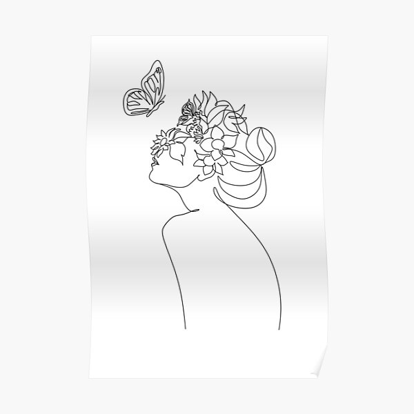 Line Art Woman With Flowers and butterfly | Head Of Flowers Art Print | Flower Woman Line Art | Woman Wall Art | Minimal Line Drawing Woman Poster