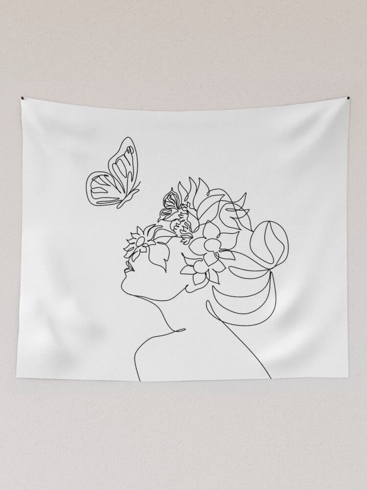 Blooming woman line art print, minimal one line woman with flowers, vintage  sensual woman's body art Tapestry