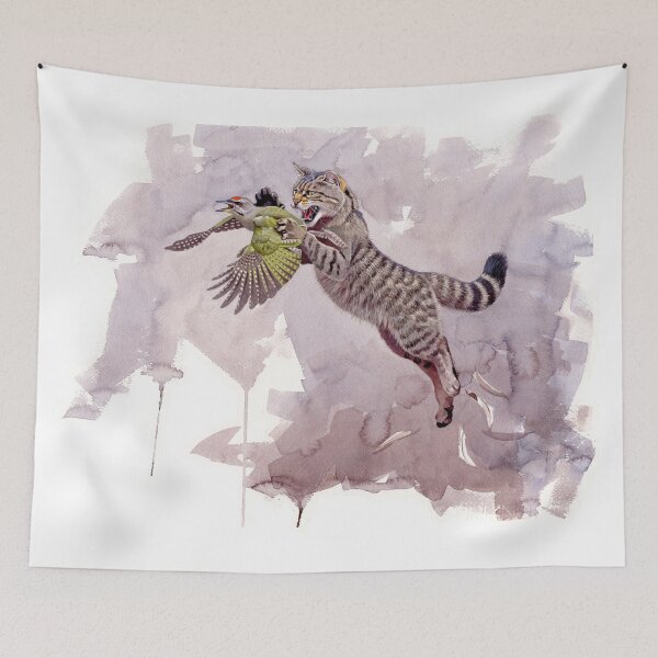 Item preview, European Wild Cat catching Grey-headed Woodpecker designed and sold by kokayart.