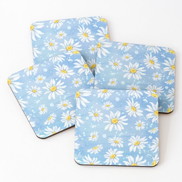 Item preview, White chamomile daisies on blue art paper, watercolour painting designed and sold by Latch Farm  Studios.