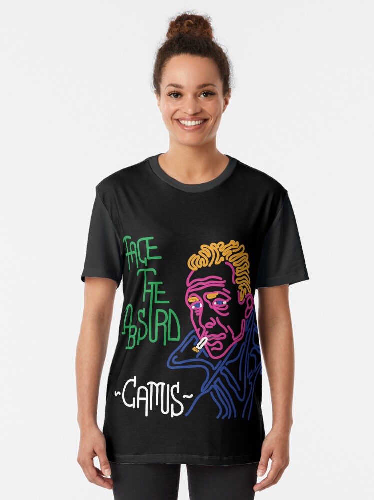 Alternate view of STYLIZED LINE ART CAMUS - FACE THE ABSURD - neon Graphic T-Shirt