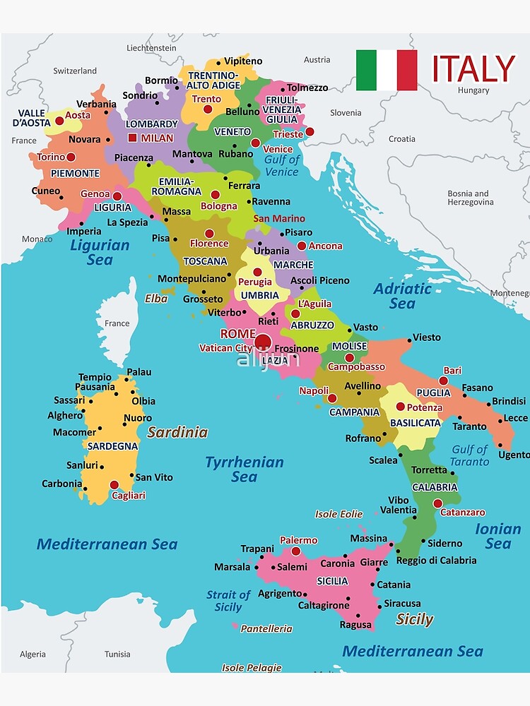 "Italien Karte mit Regionen und Hauptstädten" Aufgezogener Druck von